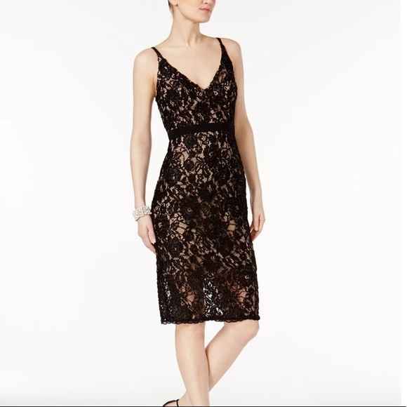 XSCAPE Black and Tan Laced Knee Length Dress 2 - Picture 1 of 6